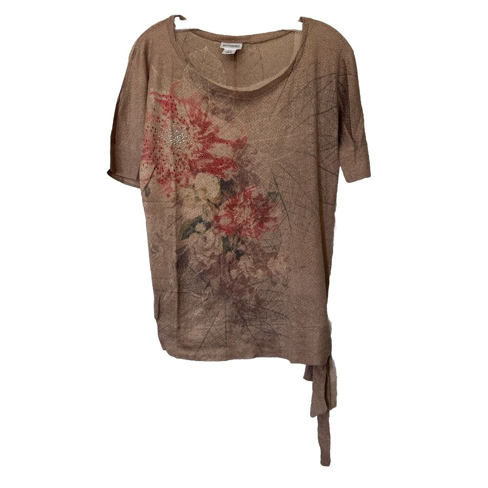 MATERNITY TOP Blouse Tan Floral Embellishment Short Sleeves Size S